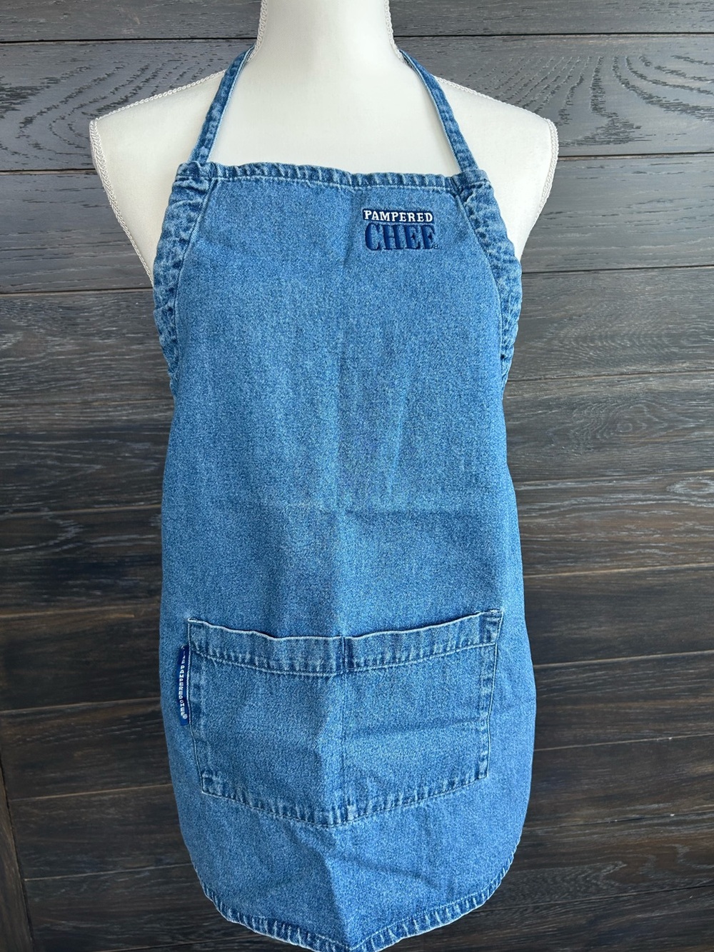 Vintage Pampered Chef Blue Jean/Denim Apron Two Pocket Drawstring Ties